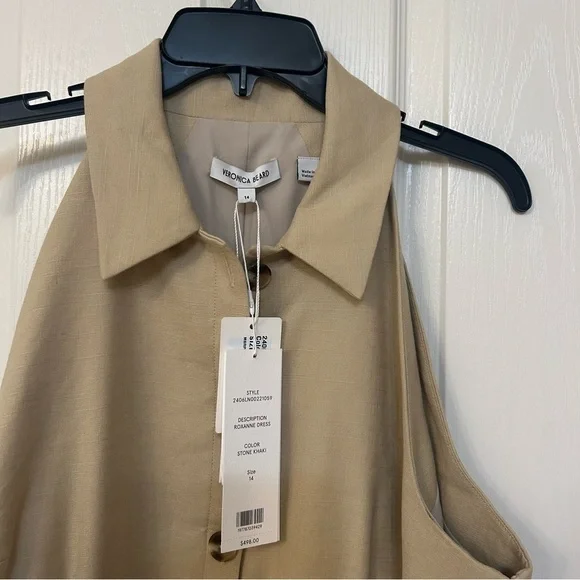 Veronica Beard Roxanne Linen Blend Button-Up Minidress in Stone Khaki Size 14